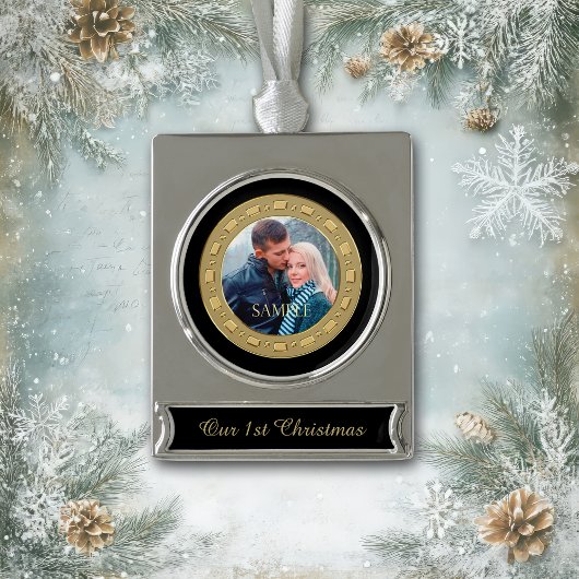 Gold Frame Foto First Christmas Keepake Banner-Ornament Silber