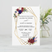 Gold Frame Gold Wedding Navy Burgundy Einladung (Stehend Vorderseite)