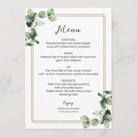 Gold Frame Greenery Elegante Wedding Menu Card Menükarte (Vorderseite)