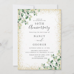 Gold Frame Greenery Leaf 50. Hochzeitstag Einladung