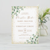 Gold Frame Greenery Nuestra Boda Spanish Wedding Einladung (Stehend Vorderseite)