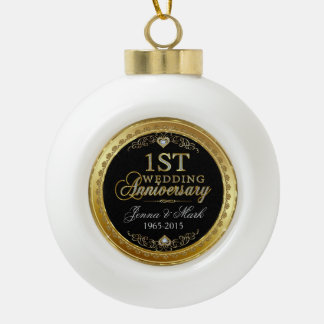 Gold Frame & Hearts erstes Hochzeitstag Keramik Kugel-Ornament