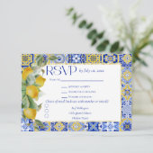 Gold Frame Italian Blue Tile Lemon Meal Wedding RSVP Karte (Stehend Vorderseite)