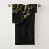 Gold Frame Monogram Black Damask Hintergrund Badhandtuch Set (Insitu)