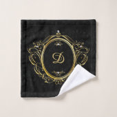 Gold Frame Monogram Black Damask Hintergrund Badhandtuch Set (Waschlappen)