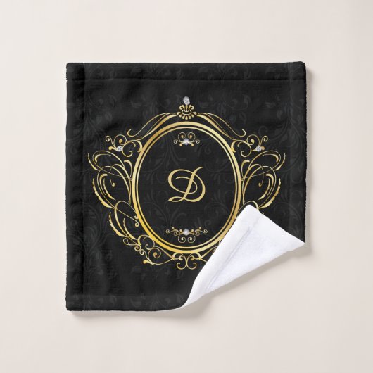 Gold Frame Monogram Black Damask Hintergrund Badhandtuch Set (Waschlappen)