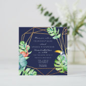 Gold Frame Monstero Flamingo Tropical Bridal Navy Einladung (Stehend Vorderseite)