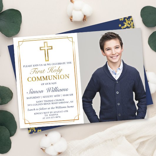 Gold Frame Navy Blue First Holy Community Foto Einladung