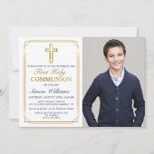 Gold Frame Navy Blue First Holy Community Foto Einladung (Vorderseite)