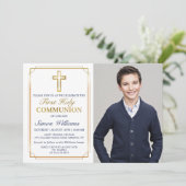 Gold Frame Navy Blue First Holy Community Foto Einladung (Stehend Vorderseite)