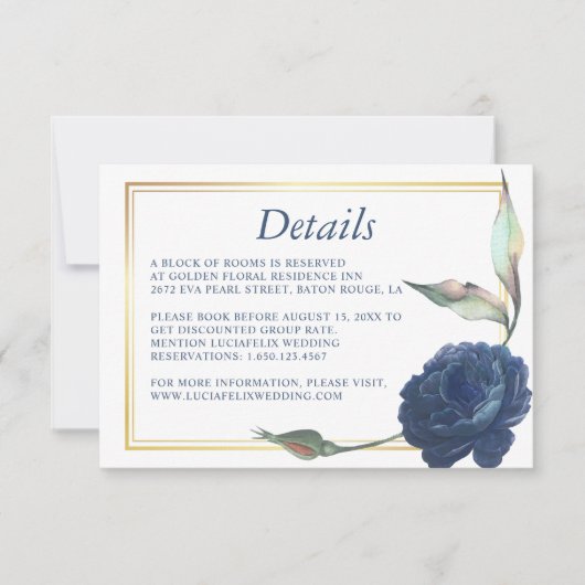 Gold Frame Navy Blue Rose Hochzeitskarte Einladung (Vorderseite)