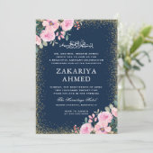 Gold Frame Navy Floral Islamische Aqiqa Aqeeqa Bab Einladung (Stehend Vorderseite)