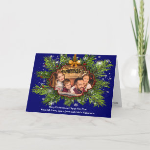 Gold Frame on Pine Weathered Wood Christmas Photo Feiertagskarte