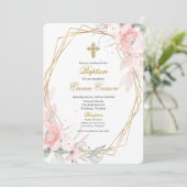 Gold frame pink blush floral baptism einladung (Stehend Vorderseite)