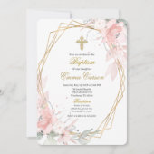 Gold frame pink blush floral baptism einladung (Vorderseite)
