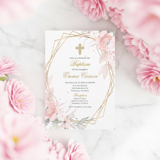 Gold frame pink blush floral baptism einladung
