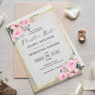 Gold Frame Rosa Floral Nuestra Boda Spanisch Pergament Einladungen