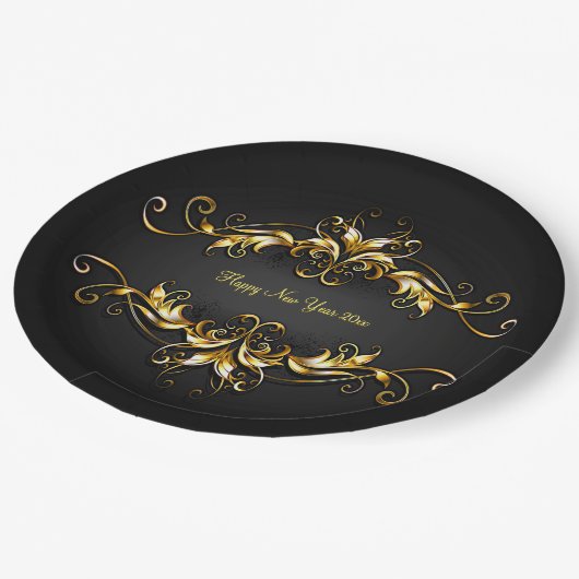 Gold Frame Scroll Frohes Neues Jahr 20xx Text 9" Pappteller (Schrägansicht)