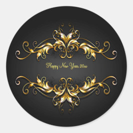 Gold Frame Scroll Frohes Neues Jahr 20xx Text Runder Aufkleber
