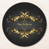 Gold Frame Scroll Frohes Neues Jahr 20xx Text Runder Pappuntersetzer (Vorderseite)