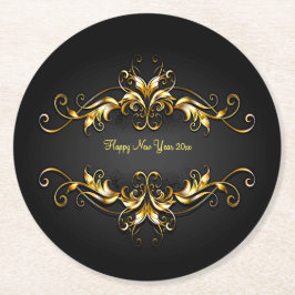 Gold Frame Scroll Frohes Neues Jahr 20xx Text Runder Pappuntersetzer