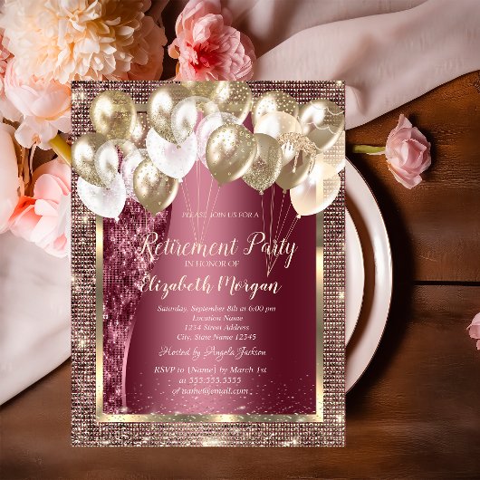 Gold Frame Sequins Balloons Burgundy Rentirement Einladung