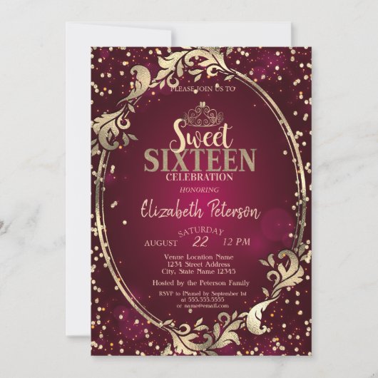 Gold Frame Tiara, Diamonds Burgundy Sweet 16 Party Einladung (Vorderseite)