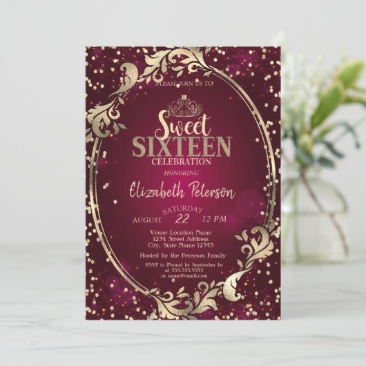 Gold Frame Tiara, Diamonds Burgundy Sweet 16 Party Einladung (Stehend Vorderseite)