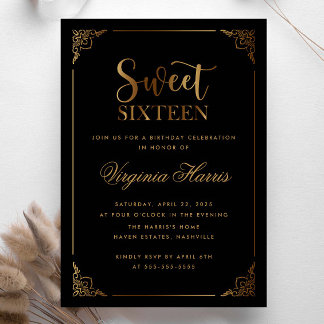 Gold Frame Verziert Black 16 . Geburtstag 16 Gebur Einladung