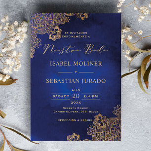 Gold Frame Verziert Blue Nuestra Boda Spanisch Einladung