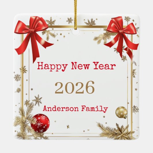 Gold Frame with custom Photo Family new year 2026 Keramikornament (Rückseite)
