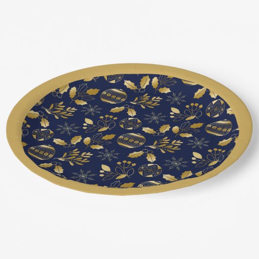 Gold Framed Blue Gold Holiday Pattern Pappteller (Schrägansicht)