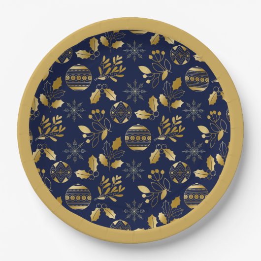 Gold Framed Blue Gold Holiday Pattern Pappteller (Vorderseite)
