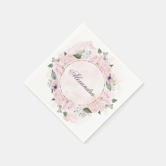 Gold FrameFloral Persönlicher Name Rosa Rosen Serviette (Ecke)