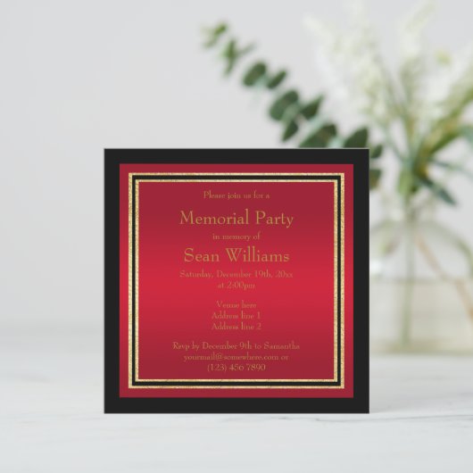Gold Frames Red & Black Memorial Party Einladung (Stehend Vorderseite)
