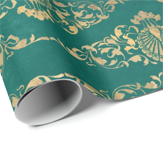 Gold-Friedhöfe und Filigree auf Grün Geschenkpapier (Rolleneckpunkt)