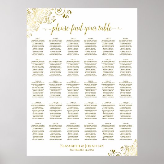 Gold Frills 30 Table Wedding Seating Chart Weiß Poster (Vorne)