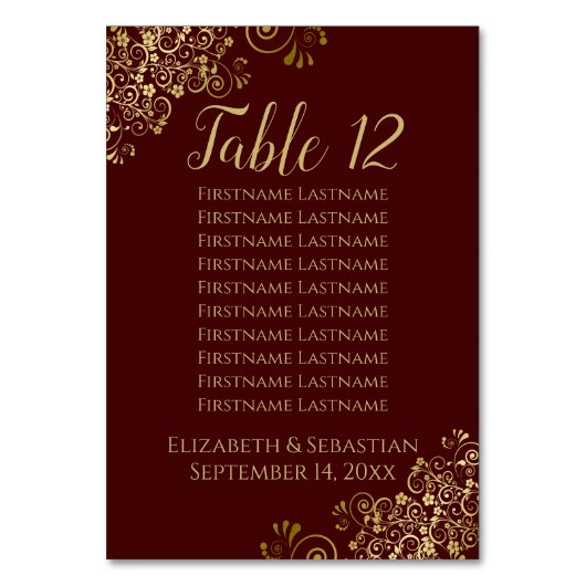 Gold Frills Auburn Brown Wedding Seating Chart Tischnummer (Vorderseite)