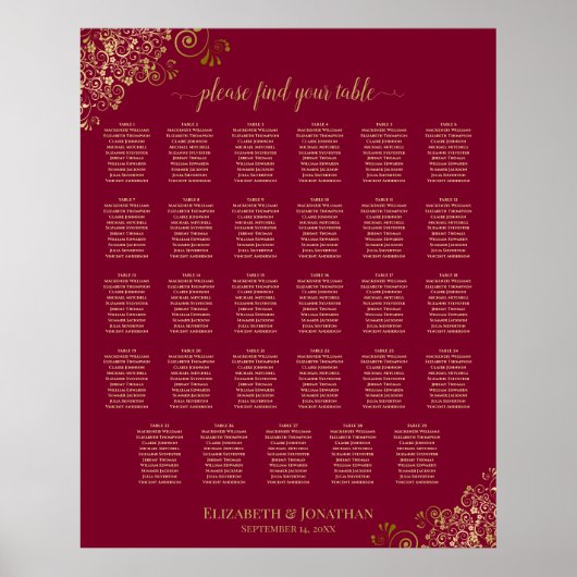Gold Frills auf Burgund 29 Table Seating Chart Poster (Vorne)