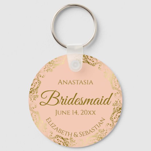 Gold Frills auf Coral Peach Bridesmaid Hochzeitsge Schlüsselanhänger (Vorderseite)