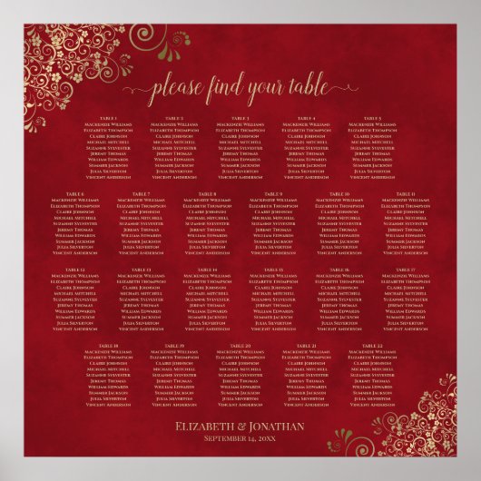 Gold Frills auf Red 22 Table Seating Chart Poster (Vorne)