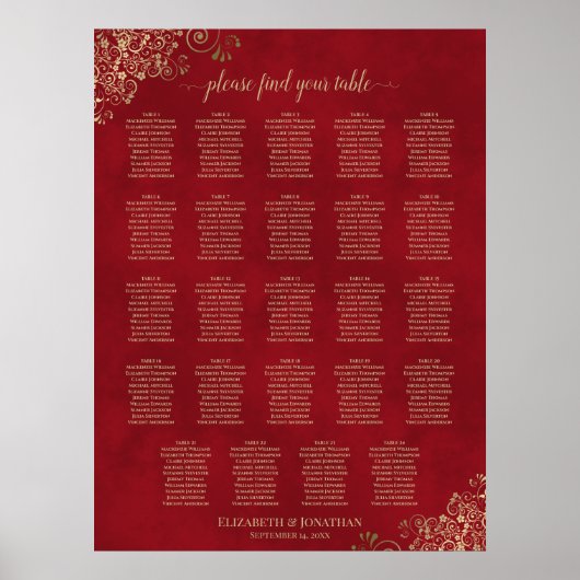 Gold Frills auf Red 24 Table Seating Chart Poster (Vorne)