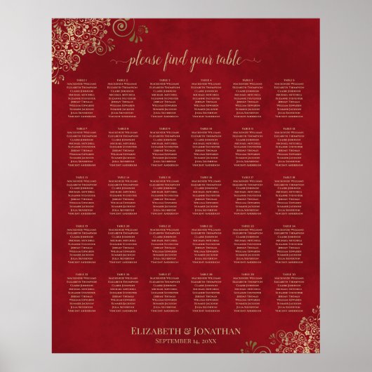 Gold Frills auf Red 30 Table Seating Chart Poster (Vorne)