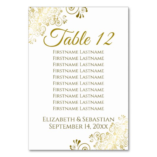 Gold Frills auf weißem elegantem Hochzeitsdiagramm Tischnummer (Rückseite)