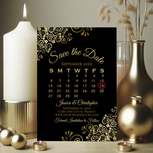 Gold Frills Black Simple Hochzeitskalender Save The Date