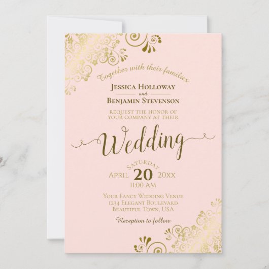 Gold Frills Blush Pink Elegante Hochzeit der Kalli Einladung (Vorderseite)