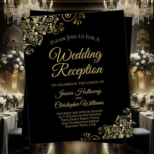 Gold Frills BUDGET Black Wedding Reception Einladu