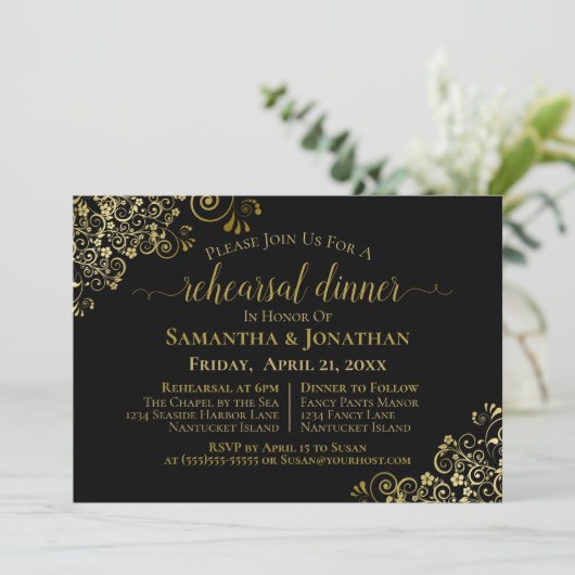 Gold Frills Chic Black Wedding Probe & Dinner Einladung (Stehend Vorderseite)