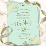 Gold Frills Elegant Neo Mint Green Wedding Einladung<br><div class="desc">Diese schöne Hochzeitseinladung zeichnet sich durch ein schlichtes und dennoch elegantes Design aus,  das auf einem neo-minzgrünen Hintergrund mit scharfer Schriftzeichen-Kalligraphie und in den Ecken mit fein goldfarbenen Imitaten-Filigree aufwartet. Die Formulierung ist formell,  aber die Gestaltung ist modern und stilvoll.</div>
