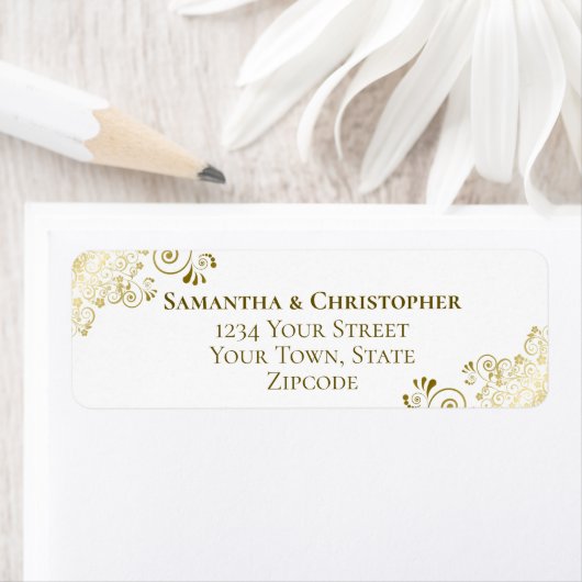 Gold Frills Elegante White Wedding Rücksendeadress (Insitu)